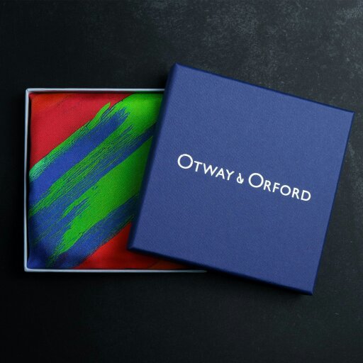 Otway & Orford 'Taverners' Celebration' striped silk pocket square in red, green, blue & orange (42 x 42cm)