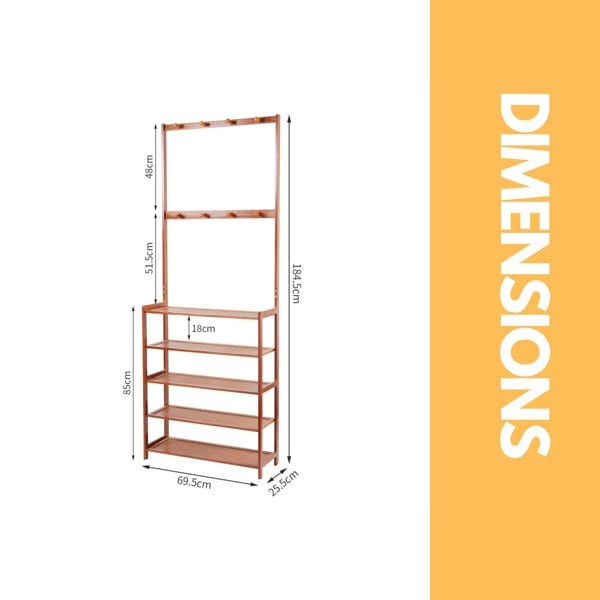 Rafaelo Mobilia Bamboo Clothes Rack With 12 Hooks & 5 Tier Shoe Storage