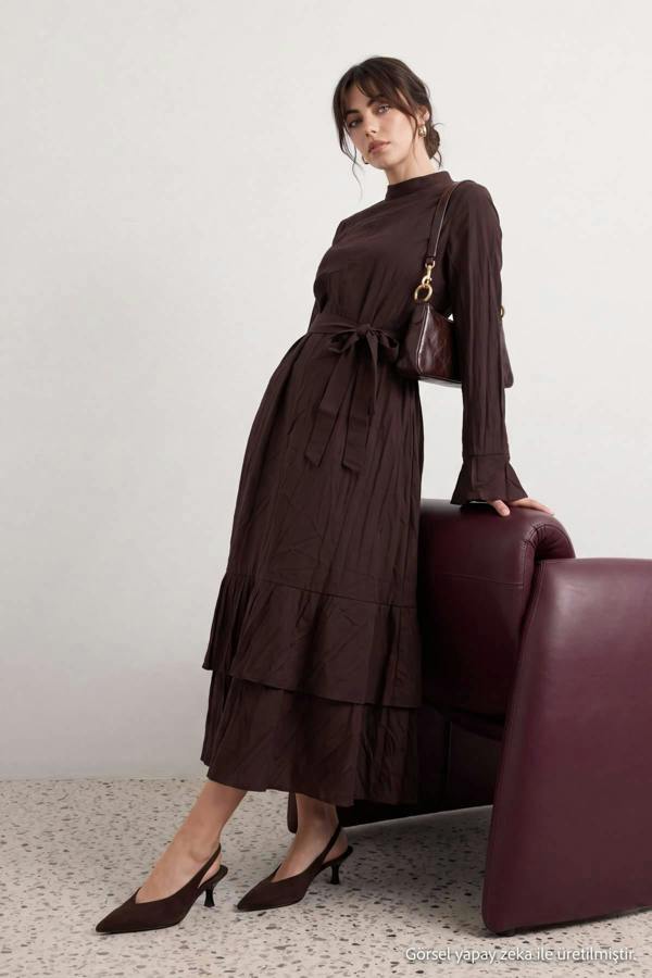 High Neck Long Sleeve A-Line Maxi Dress