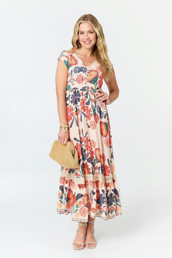 Orange | Floral Cap Sleeve V-Neck Maxi Dress