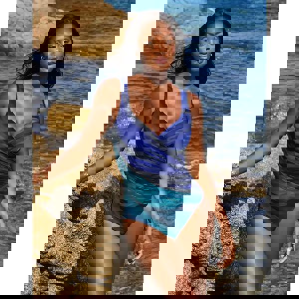 Miraclesuit Maldiva wrap swimsuit in blue green stripes with molded foam cups