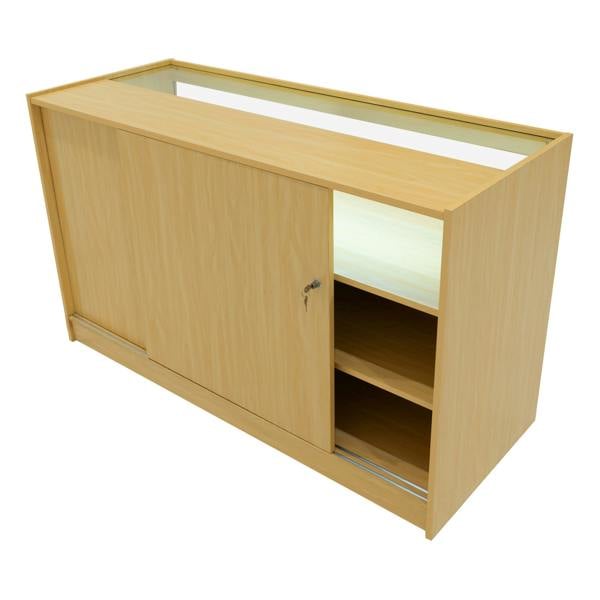 Luna LED Shop Counter Set in maple finish, featuring sliding doors, glass display top, and open shelving for storage and visibility