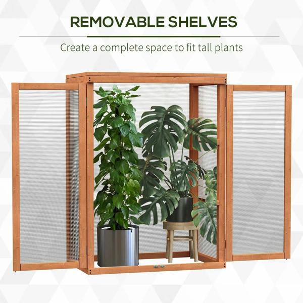 Wood greenhouse cold frame with removable shelves and multiple potted plants inside