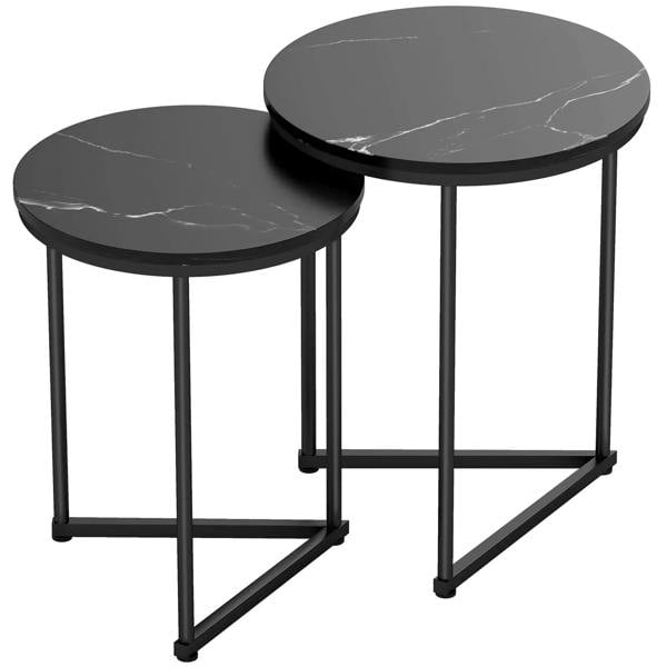 Set of two black marble-effect nesting side tables with round tops and black steel frames