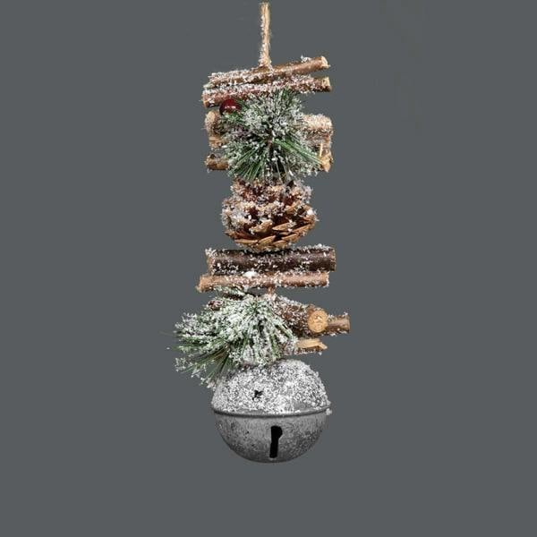 33cm Silver Hanging Christmas Decoration with Jingle Bells, Wooden Sticks, Pinecones and Berries image 5