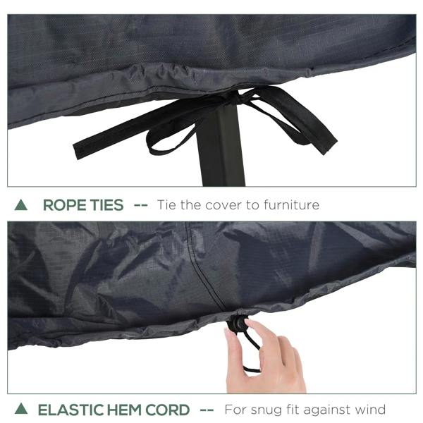 Grey furniture cover hem with rope ties and elastic cord for snug wind protection
