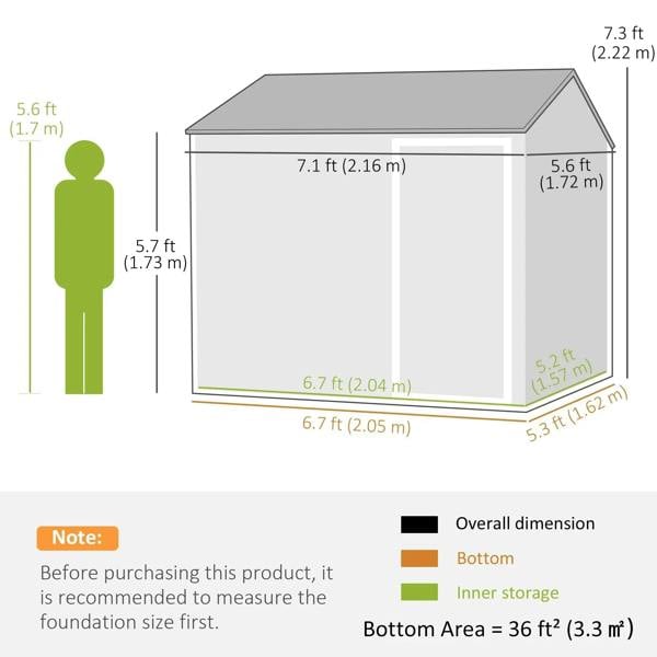 Galvanised garden shed size diagram with overall and bottom dimensions