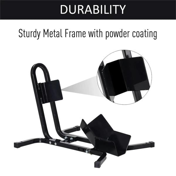 Black steel motorcycle wheel chock stand with powder-coated frame and cradle