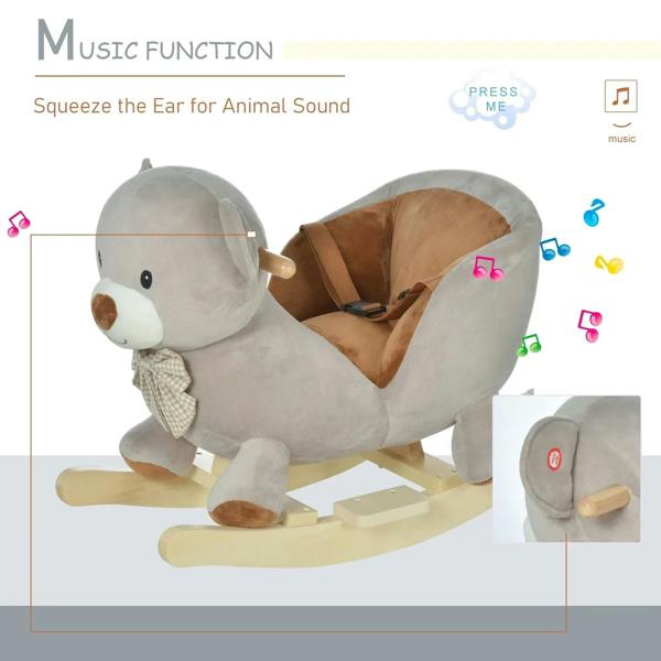 Grey plush bear rocking ride-on with music ear feature and wooden rocker base