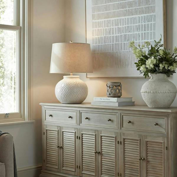 Squat White Beaded Ceramic Lamp With Linen Shade