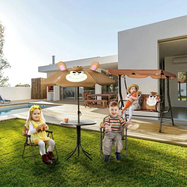 Kids outdoor table-and-chair set with round table and monkey umbrella, with two chairs