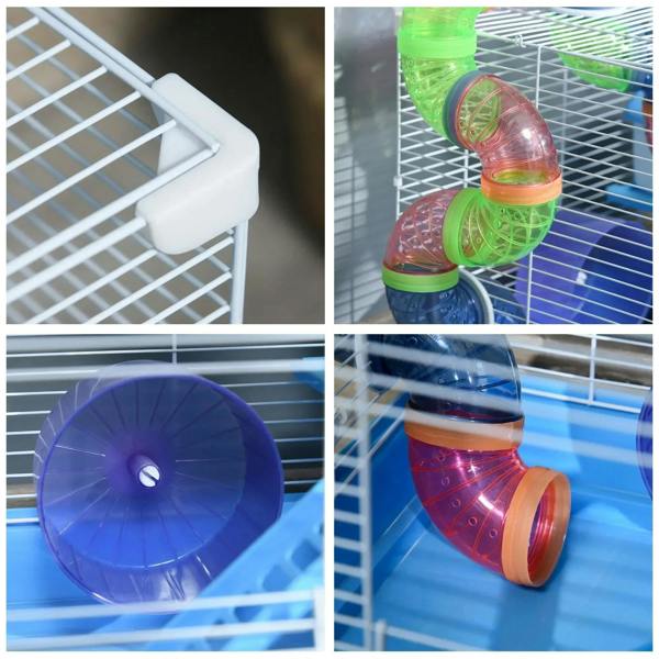 Close-up of blue wire cage with blue wheel and multicolor plastic tunnels