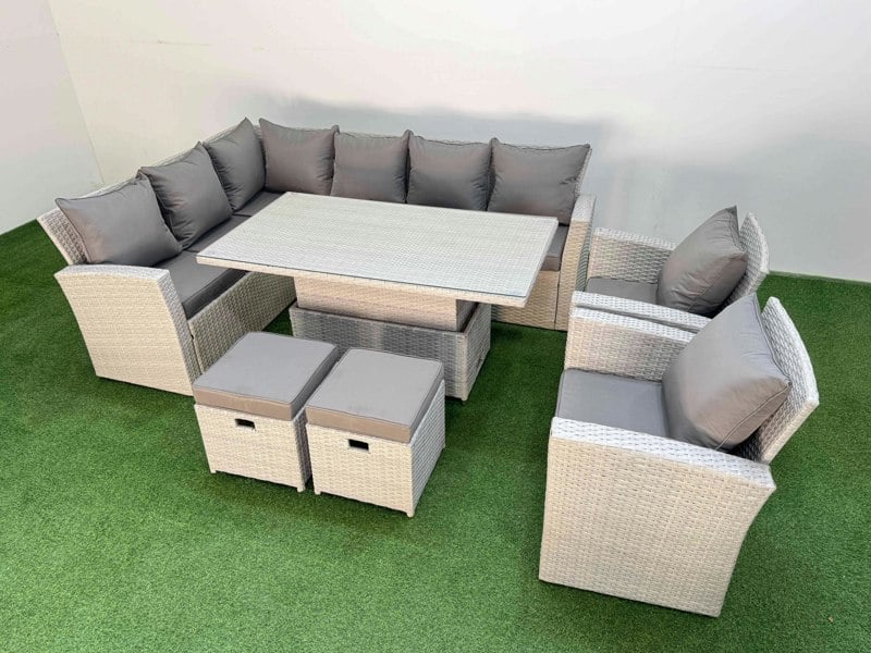 Fimous 10 Seat Rattan Outdoor Garden Furniture Corner Sofa Set Adjustable Lifting Dining or Coffee Table Set with 2 Small Footstools Light Grey