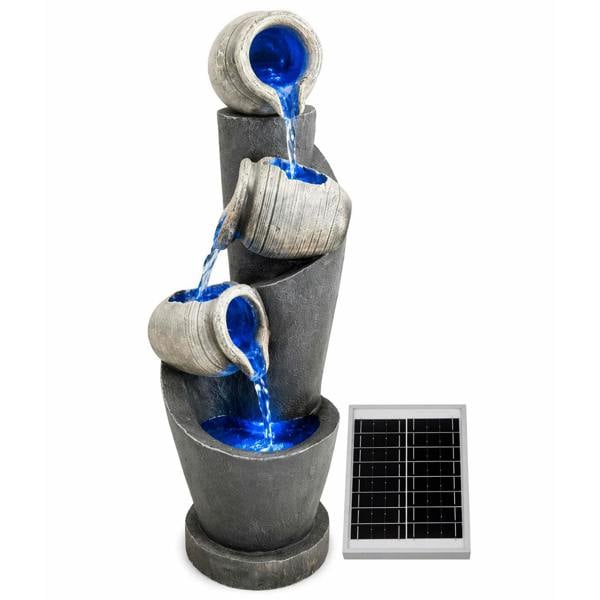 Gardenwize Solar Water Feature – 3 Tier Cascading Jar Fountain with LED Lights & Battery Backup