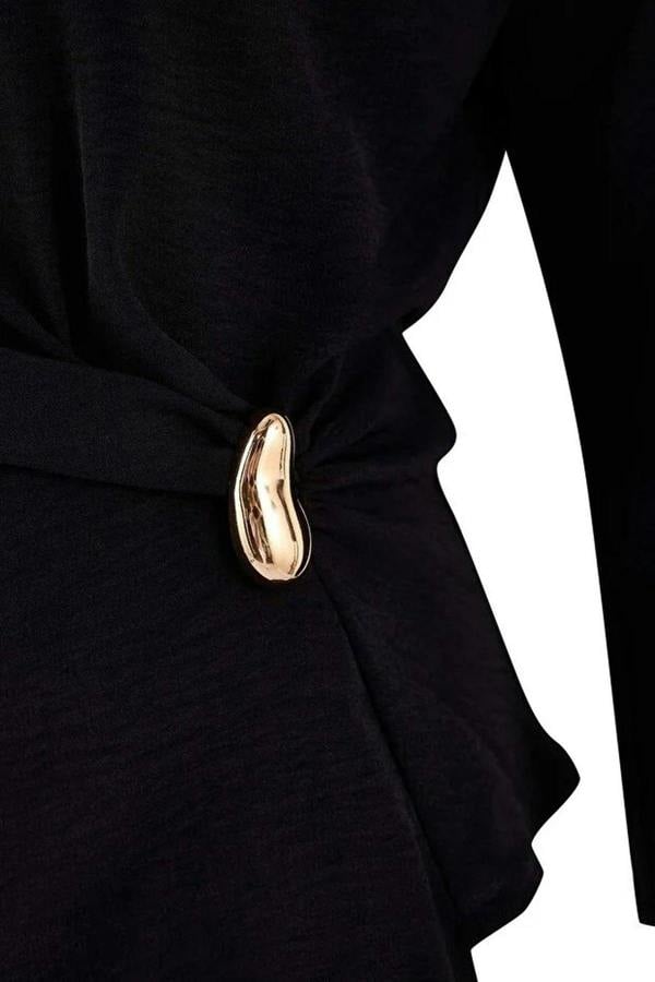 WOVCOR Gold Accessory Asymmetrical Collar Long Sleeve Woven Plus Size Blouse
