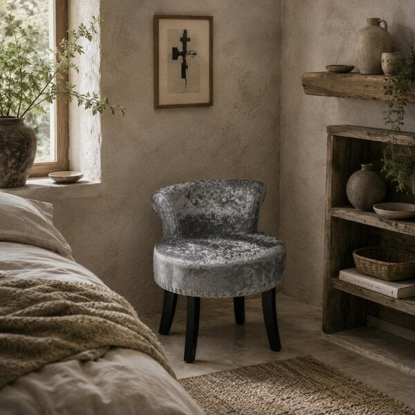 Wyld Haus Mocareba Grey Velvet Dressing Table Stool With Rubber Wood Legs