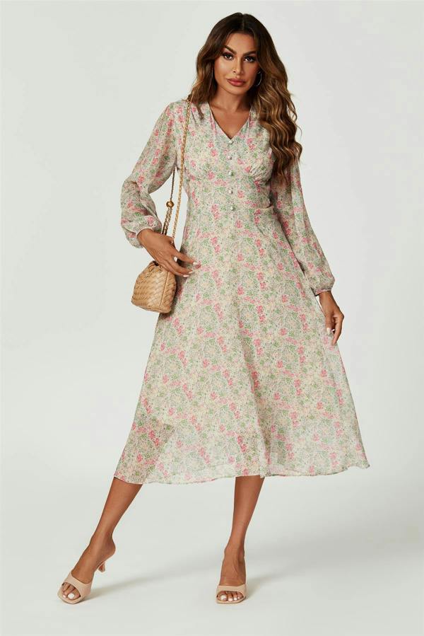 FS Collection Floral Print Long Sleeve Maxi Dress In Multi