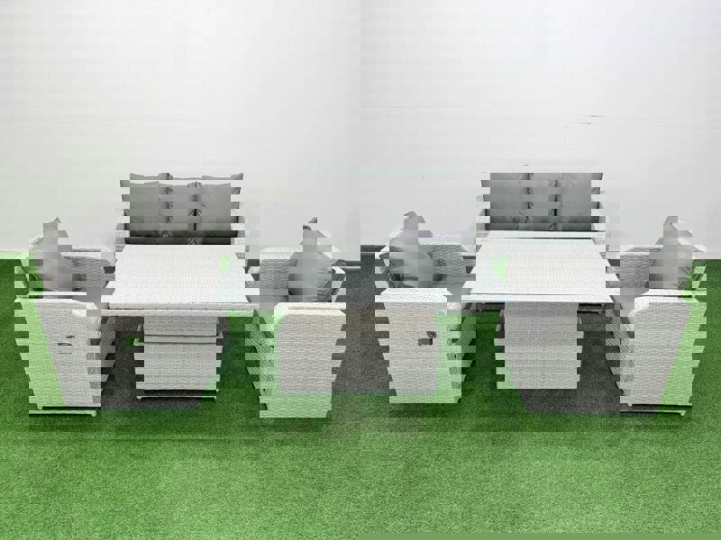 Fimous PE Rattan Garden Furniture Set Reclining Chair Sofa Lounge Sofa Set Adjustable Lifting Dining or Coffee Table Light Grey