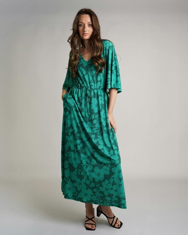 Antonia York Floral Print Kaftan Luna V-Neck Elasticated Waist Soft Jersey Dress - Green