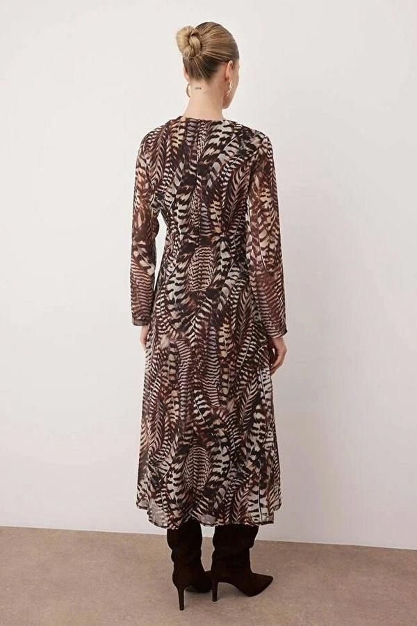 WOVCOR Animal Pattern V-Neck A-Line Maxi Woven Dress