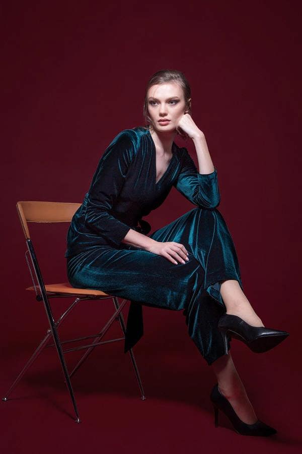 Rumour London Evelyn velvet wrap jacket with a self-tie sash in emerald green