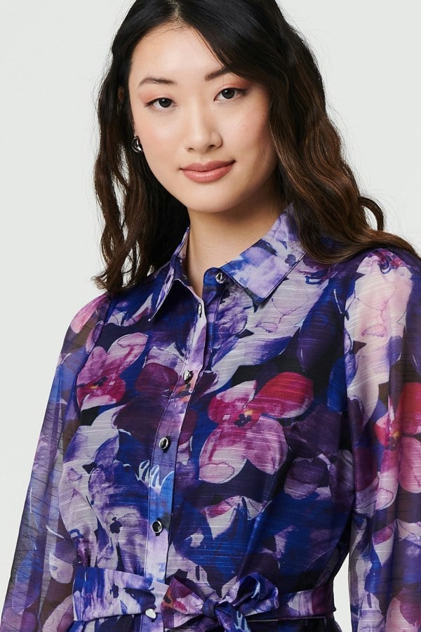 Blue | Floral Tie Waist Mini Shirt Dress
