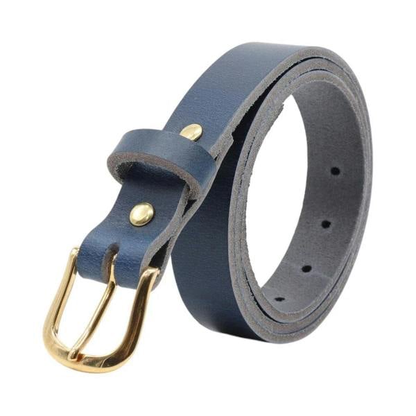Navy leather belt with gold buckle on a white background