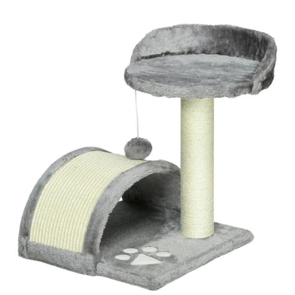 Grey cat tree tower with arched hideout, top bed, sisal post, and hanging ball