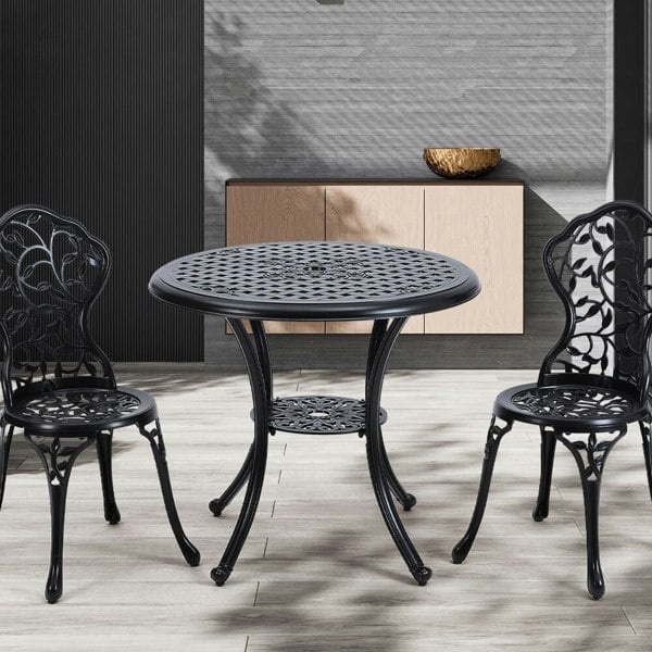 Black Cast Aluminum Round Patio Dining Table with Umbrella Hole Garden Dining Tables Living and Home
