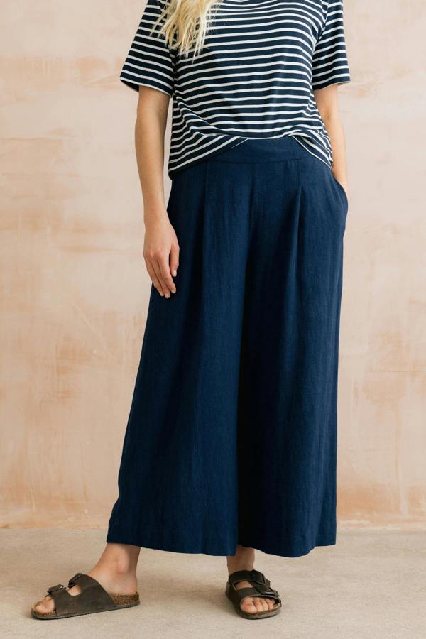 Summer Wide Leg Linen Blend Culottes Navy