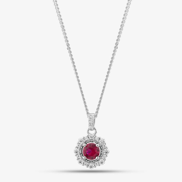 T. H. Baker Sterling Silver Red Cubic Zirconia Halo Pendant Necklace S6679