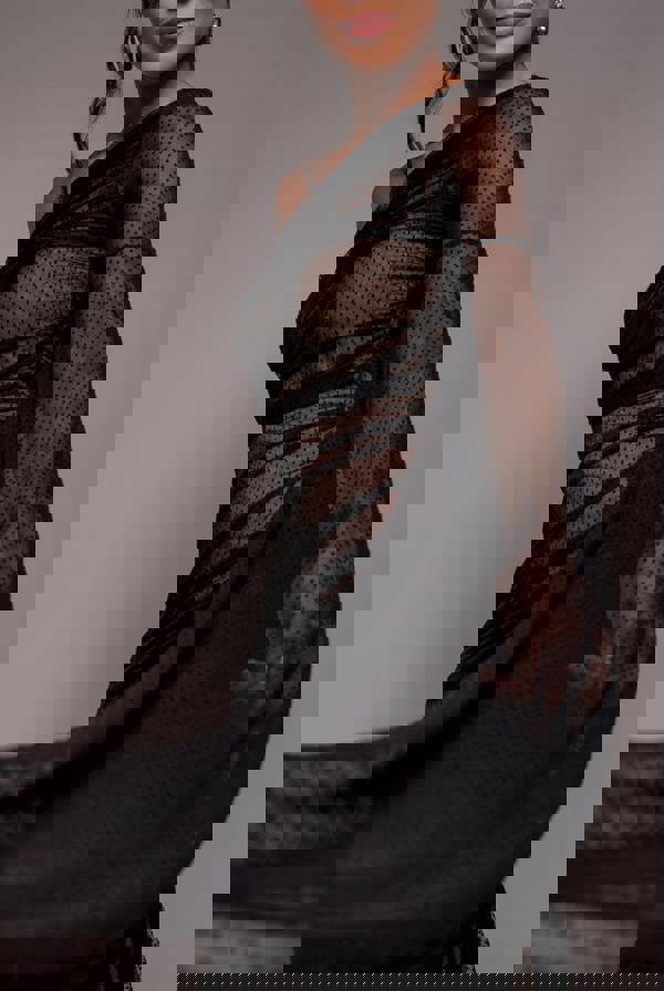 Gathered One Sleeve Angel Wing Mermaid Maxi Dress - Black DR4593