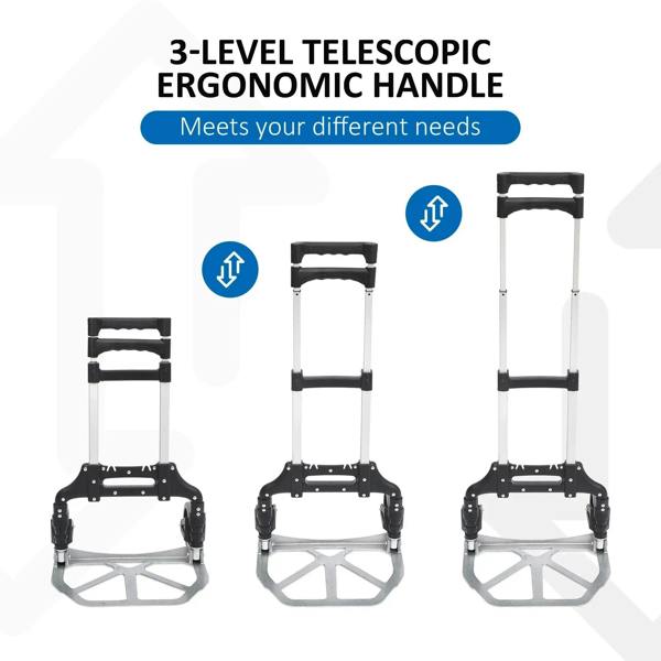 Telescopic ergonomic handle folding sack cart with three height settings and platform
