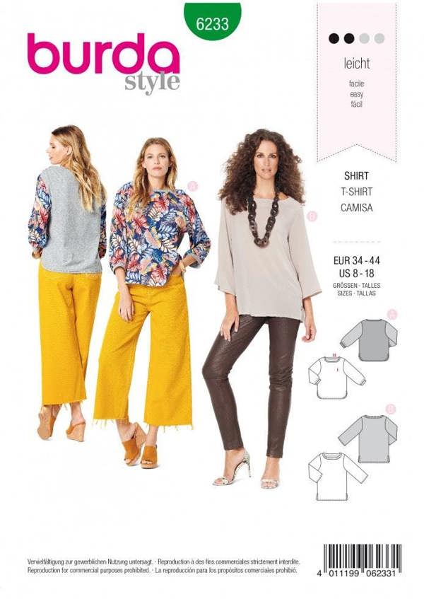 Burda Sewing Pattern 6233 Tops For Women, Sizes 8-18 - Easy