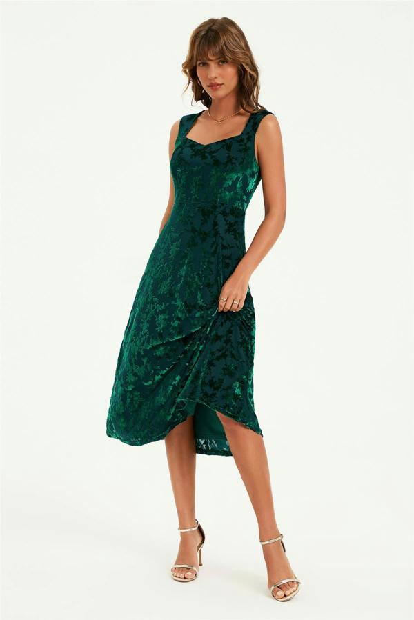 FS Collection Floral Velvet Devore Sweetheart Neck Midi Dress In Green