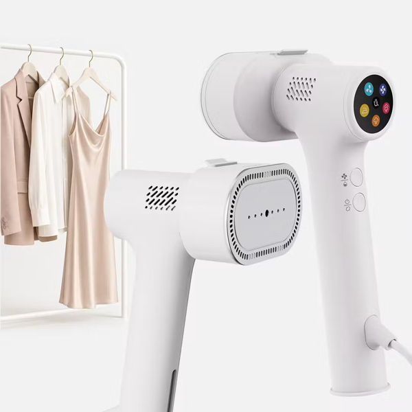 Two modern Fridja f20 Handheld Clothes Steamer Pro with Suction units, both in white—one highlighting the steam outlet and the other featuring a digital control screen with colorful icons. Each handheld garment steamer is equipped with a premium ironing plate for efficient and smooth wrinkle removal.