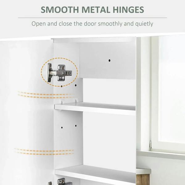 White double-door bathroom mirror cabinet showing metal hinges on open door