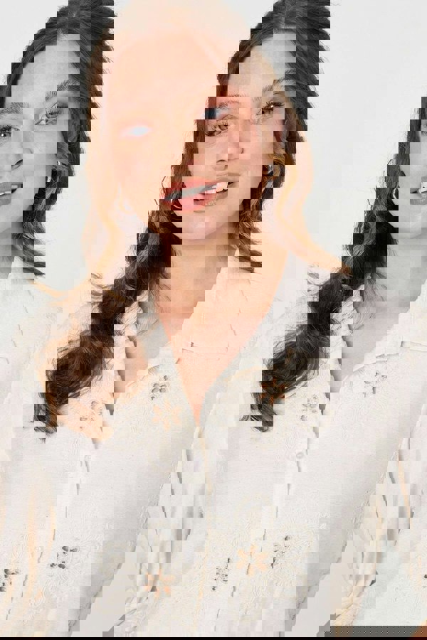 Cream | Floral Embroidered Puff Sleeve Blouse
