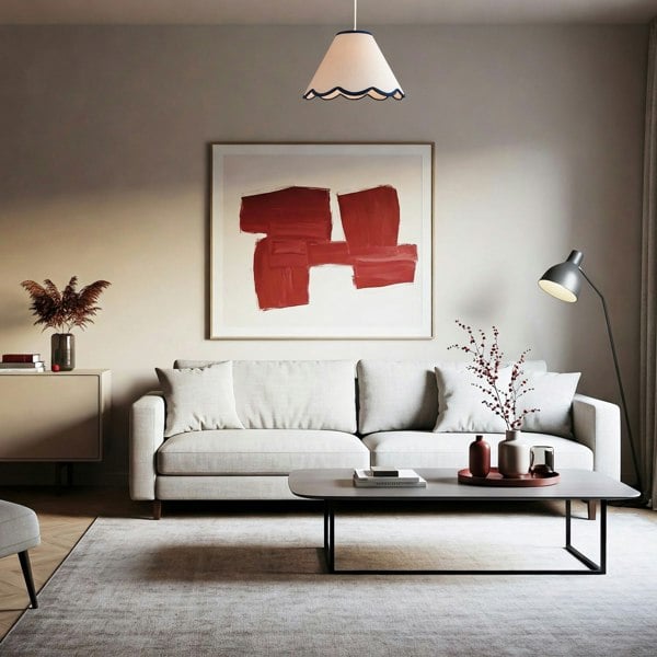 Scallop Edge Natural Textured Linen Coolie Lamp Shade with Navy Trims Image 7