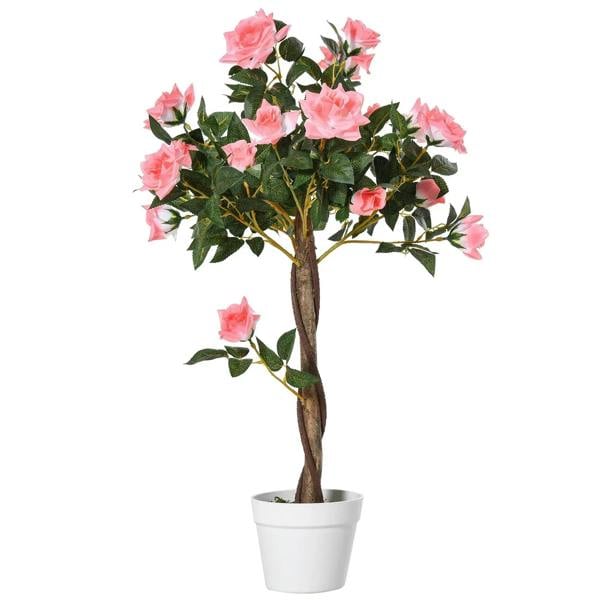 Artificial pink rose plant in white pot with green leaves and brown faux trunk