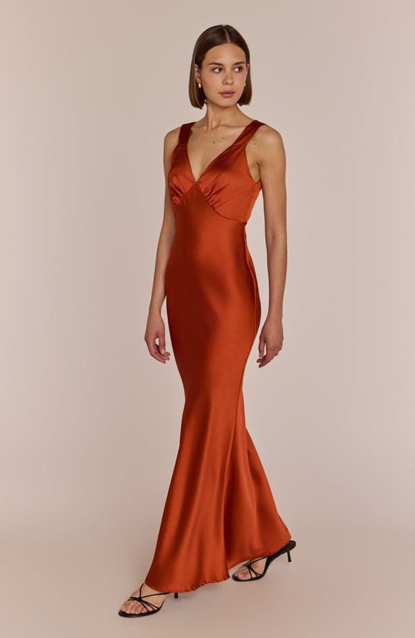 Rewritten London Amelia Dress in Burnt Orange Satin