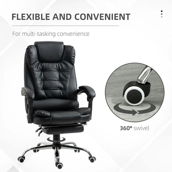 Black office chair with quilted PU leather seat, swivel base, and padded armrests