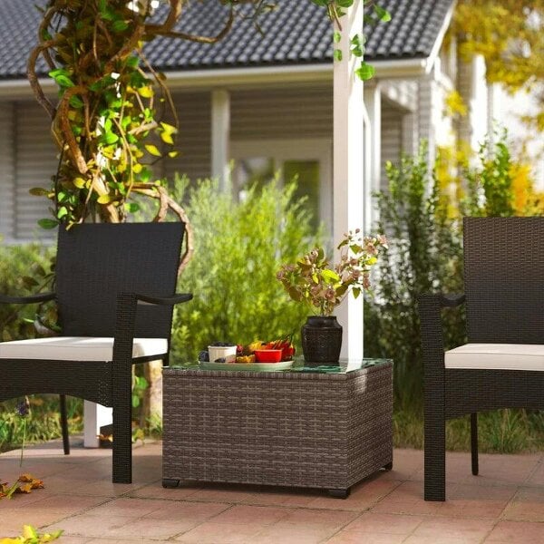 62 x 62cm Glass-Top Rattan Side Table - Dark Grey - Black