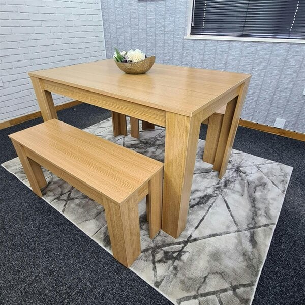 KOSY KOALA 4 Seater Dining Table Set with 2 Benches Light Wood Effect Modern Rectangular Dining Table 140 cm x 80 cm x 75 cm