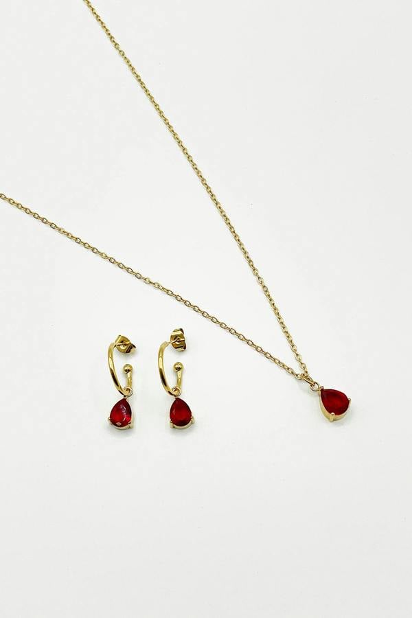 SVNX Rhinestone Teardrop Necklace & Earrings Set in Red - Gift Boxed
