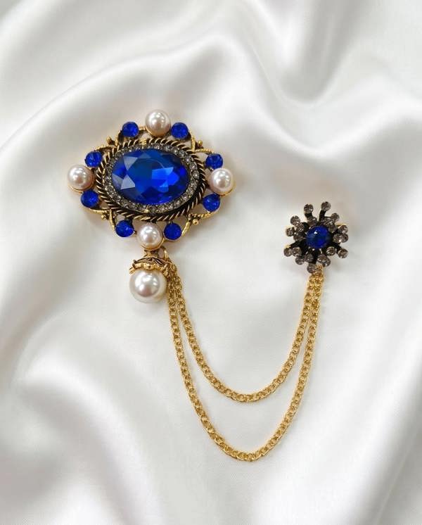 Pamoni Royal Blue Gemstone & Pearl Lapel Chain Brooch