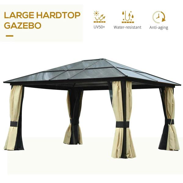 Large hardtop gazebo with black roof and beige-and-black curtain side panels