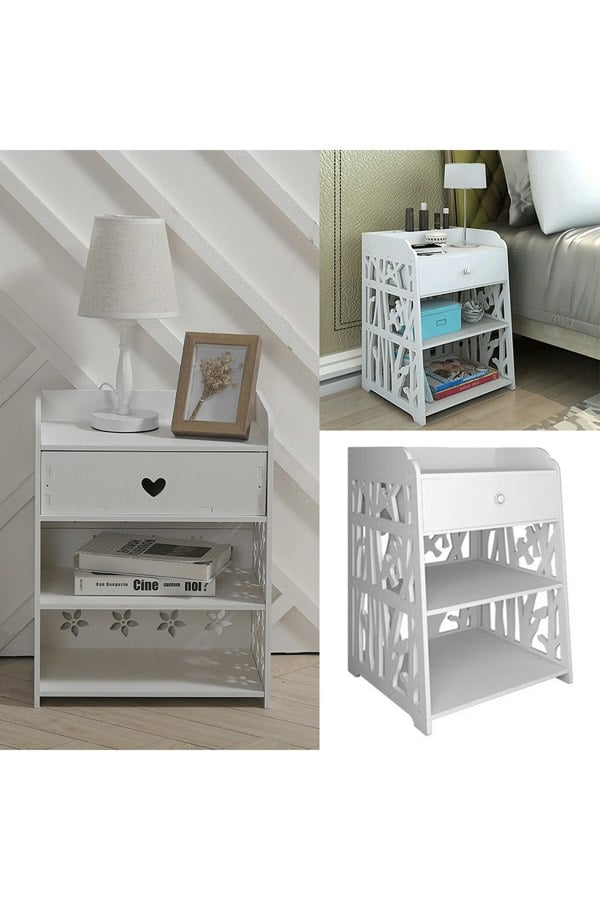 Living and Home Hollow Carved Bird Pattern Side Table Nightstand Shelf Bedroom Cabinet with Drawer