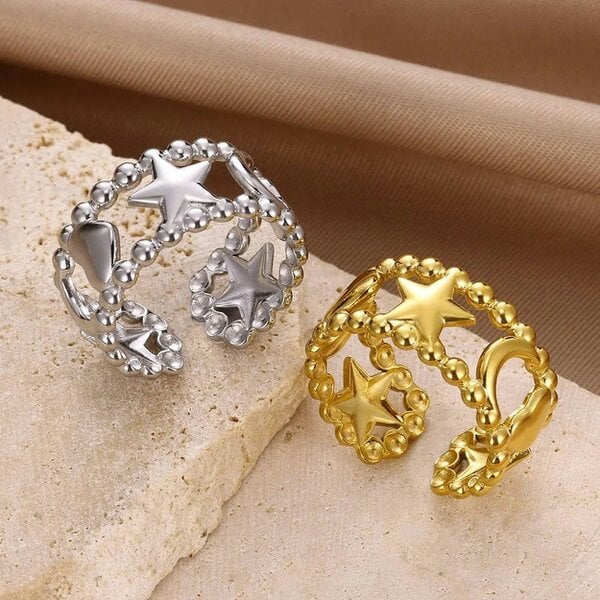 The Colourful Aura Celestial Star Moon Beaded Adjustable Ring Open Band (Gold/Silver)