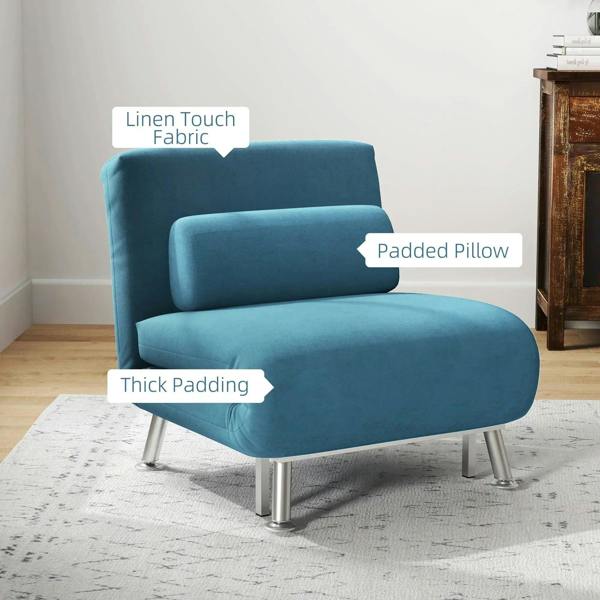 Blue velvet-feel sleeper chair with padded backrest pillow and thick seat padding, silver legs
